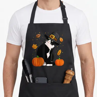 Turkey cat pilgrim apron - Realistic tuxedo cat in pilgrim hat between two orange pumpkins with autumn leaves and dots — shown on a black cotton canvas apron against a white background
