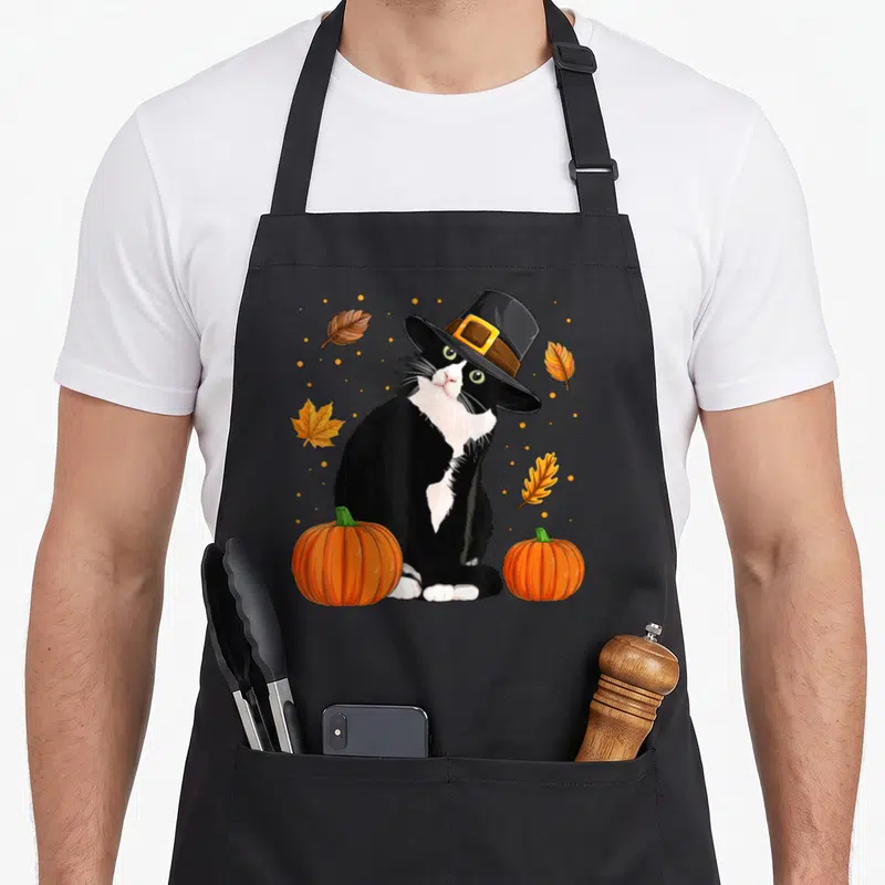 Turkey cat pilgrim apron - Realistic tuxedo cat in pilgrim hat between two orange pumpkins with autumn leaves and dots — shown on a black cotton canvas apron against a white background