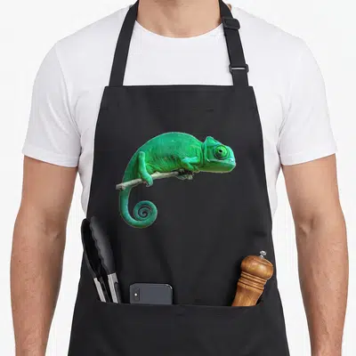 Lizard chameleon apron - Green chameleon perched on thin branch in photo style — shown on a black cotton canvas apron against a white background