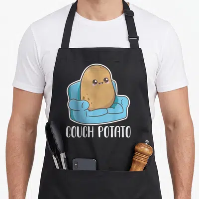 Couch kawaii apron - Cartoon brown potato in blue armchair with white COUCH POTATO text — shown on a black cotton canvas apron against a white background