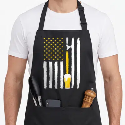 Craft 4th of july apron - Beer tap replacing a stripe in a white yellow and grey American flag design — shown on a black cotton canvas apron against a white background