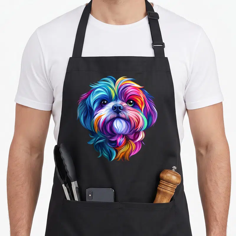 Colorful dog face apron - Rainbow colored cartoon Shih Tzu dog head on black background — shown on a black cotton canvas apron against a white background