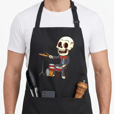 Drumming skeleton apron - Cartoon skeleton in suit playing red and gold drum kit on black apron — shown on a black cotton canvas apron against a white background
