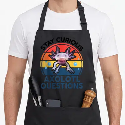 Stay axolotl questions apron - Retro pink axolotl on striped sun with STAY CURIOUS and AXOLOTL QUESTIONS text — shown on a black cotton canvas apron against a white background