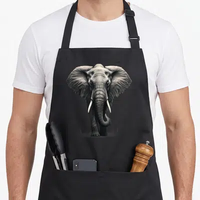 Elephant animal print apron - Realistic grey elephant facing forward with white tusks and grass at feet on black — shown on a black cotton canvas apron against a white background