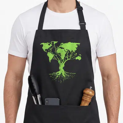 Earth pro apron - Lime green tree with world map canopy and roots on grey background — shown on a black cotton canvas apron against a white background