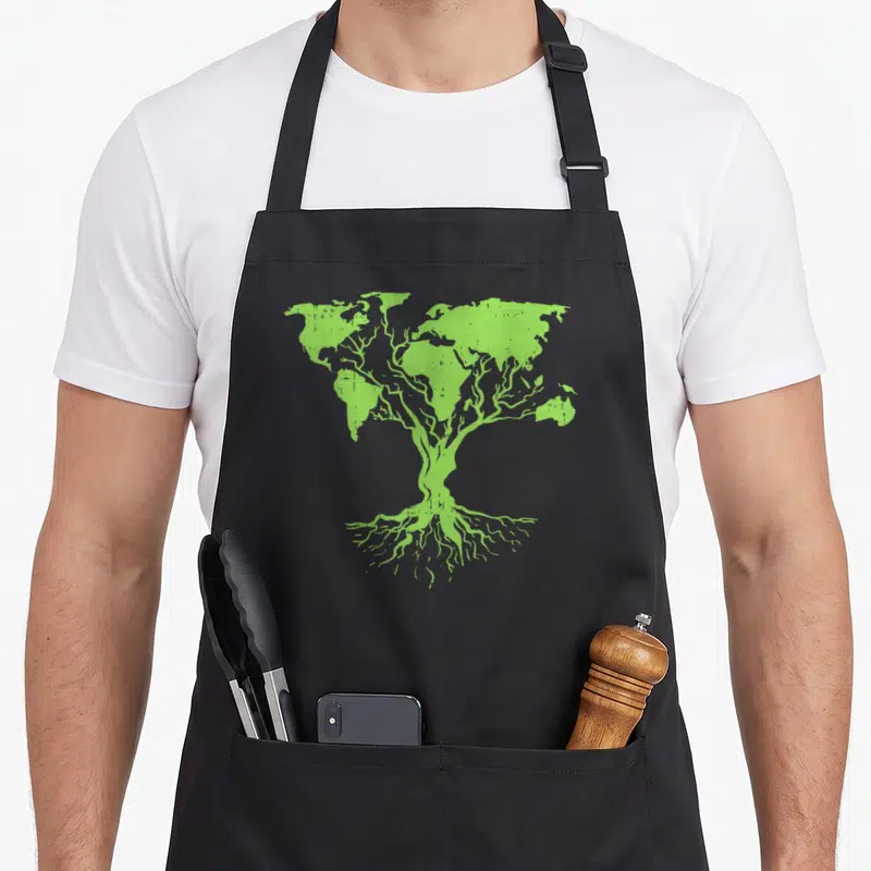 Earth pro apron - Lime green tree with world map canopy and roots on grey background — shown on a black cotton canvas apron against a white background