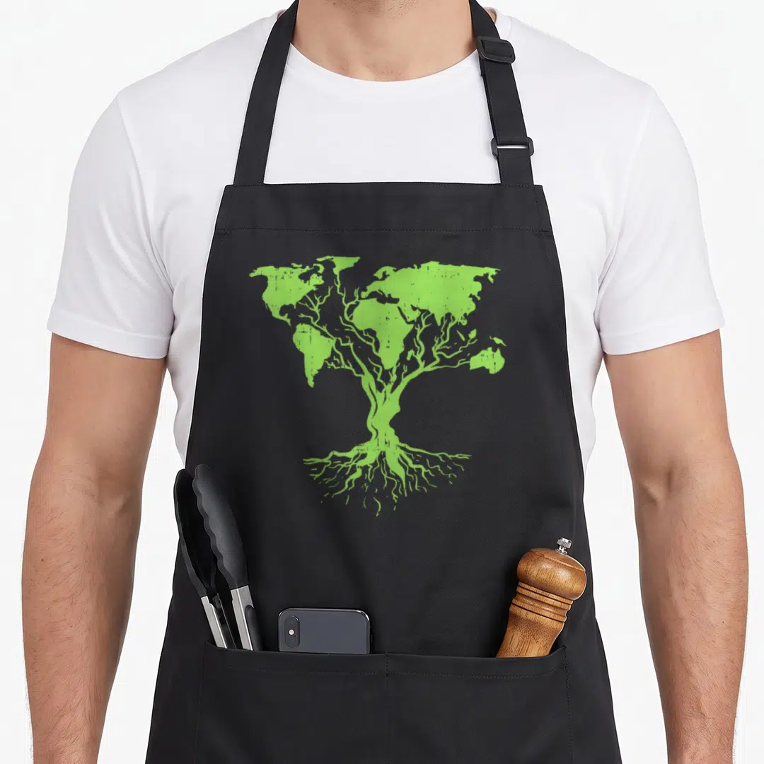 Earth pro apron - Lime green tree with world map canopy and roots on grey background — shown on a black cotton canvas apron against a white background