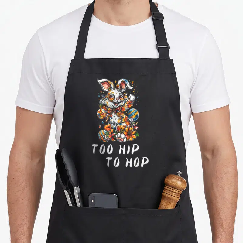 Hip hop easter bunny aprons - Cartoon rabbit with sunglasses holding Easter eggs and flowers above white stacked text — shown on a black cotton canvas apron against a white background