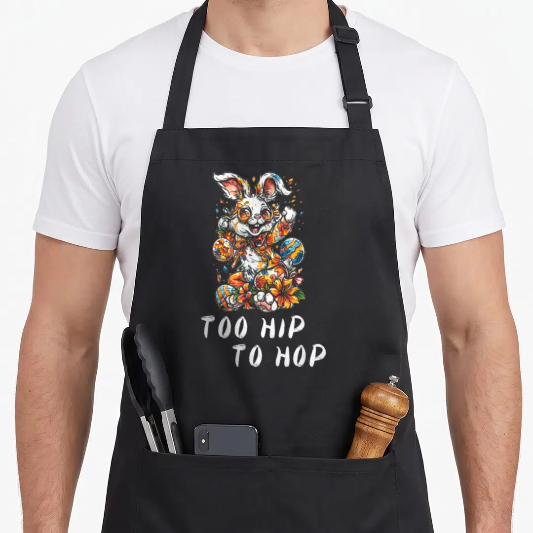 Hip hop easter bunny aprons - Cartoon rabbit with sunglasses holding Easter eggs and flowers above white stacked text — shown on a black cotton canvas apron against a white background