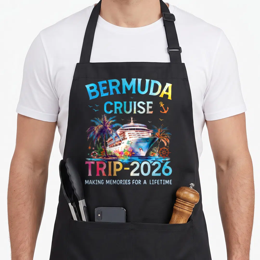 Cruise trip family aprons - Bermuda Cruise Trip 2026 watercolor ship palm trees anchor lifebuoy text — shown on a black cotton canvas apron against a white background