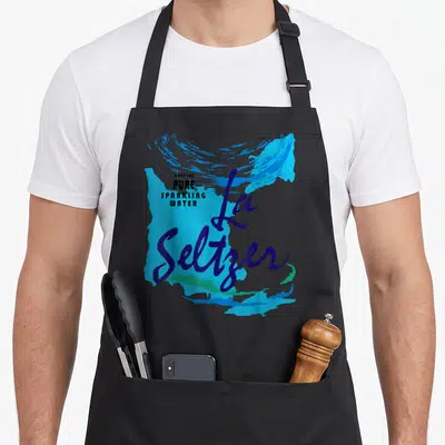 Pure halloween apron - La Seltzer script text over blue and teal paint splash graphic — shown on a black cotton canvas apron against a white background