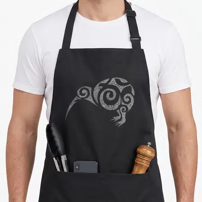 Maori new zealand apron - White typography kiwi bird made of NZ slang words like Chur and Aotearoa — shown on a black cotton canvas apron against a white background