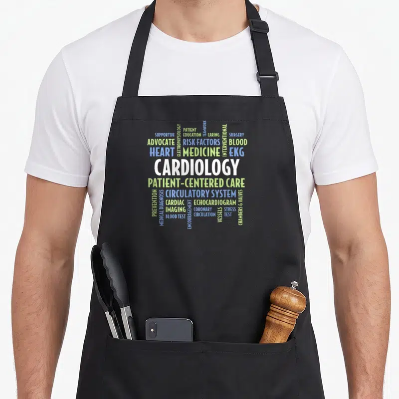 Cardiologist professional aprons - Cardiology word cloud with medical terms like EKG, CHAMBERS & VALVES — shown on a black cotton canvas apron against a white background