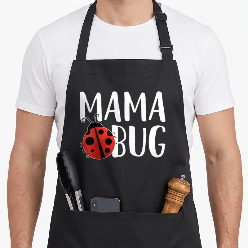 Mama ladybug apron - Cartoon ladybug overlapping white MAMA BUG text in red and black — shown on a black cotton canvas apron against a white background