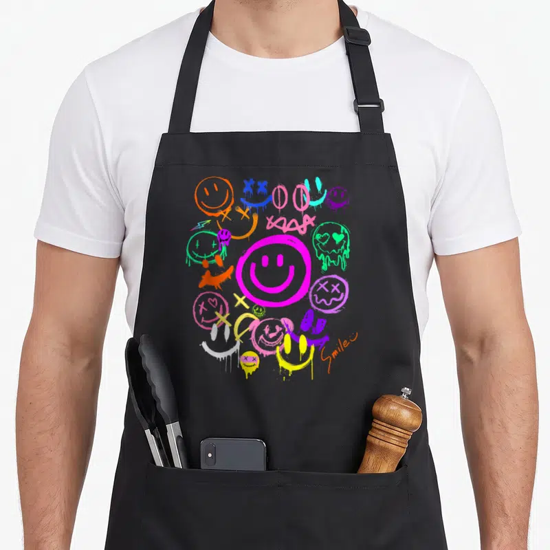 Vivid face on apron - Cluster of dripping cartoon smiley faces in magenta orange blue green purple yellow red — shown on a black cotton canvas apron against a white background