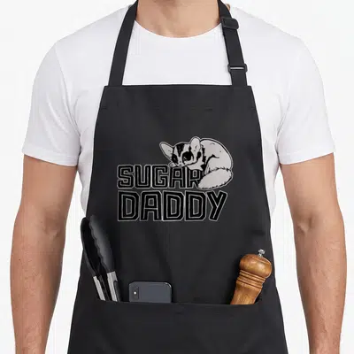 Glider daddy apron - Cartoon sugar glider curled over stacked SUGAR DADDY text in black and grey — shown on a black cotton canvas apron against a white background