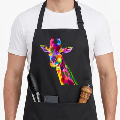 Funny animal giraffe apron - Geometric giraffe head in pink, blue, yellow, green, and purple cartoon art — shown on a black cotton canvas apron against a white background