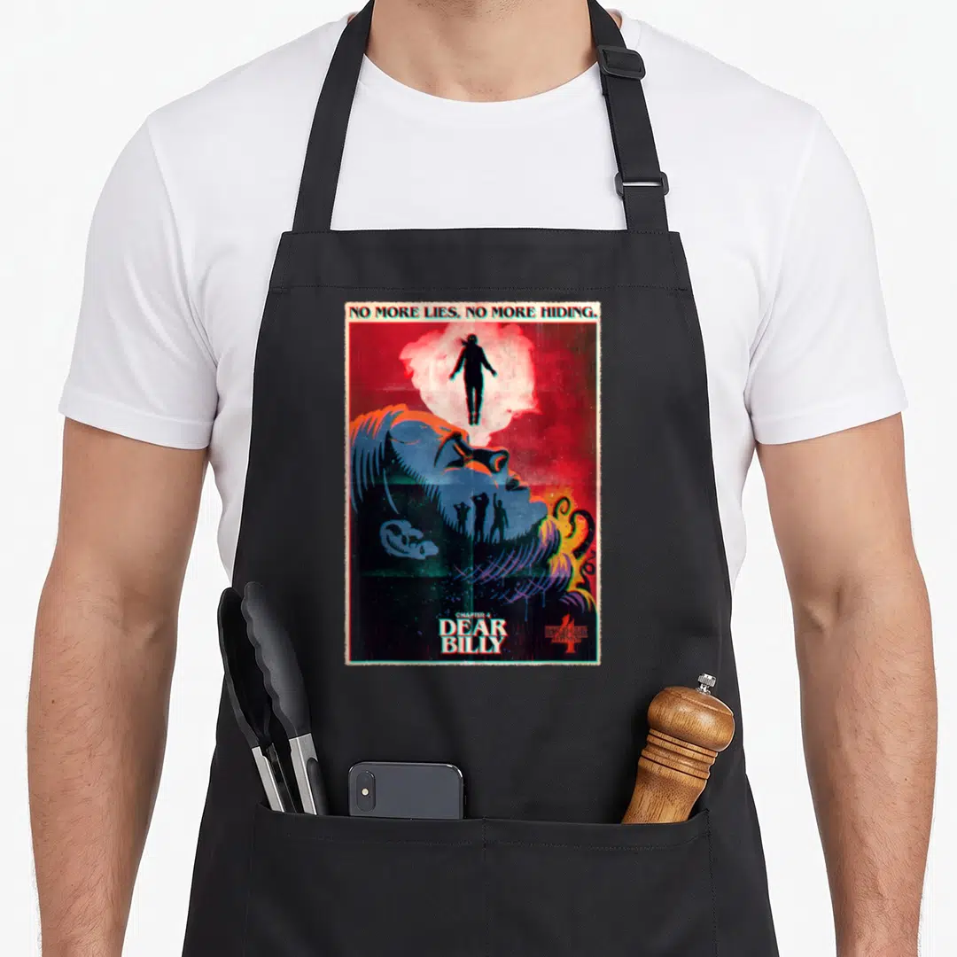 Chapter billy apron - Retro poster art featuring a profile face, floating figure, and text NO MORE LIES, NO MORE — shown on a black cotton canvas apron against a white background