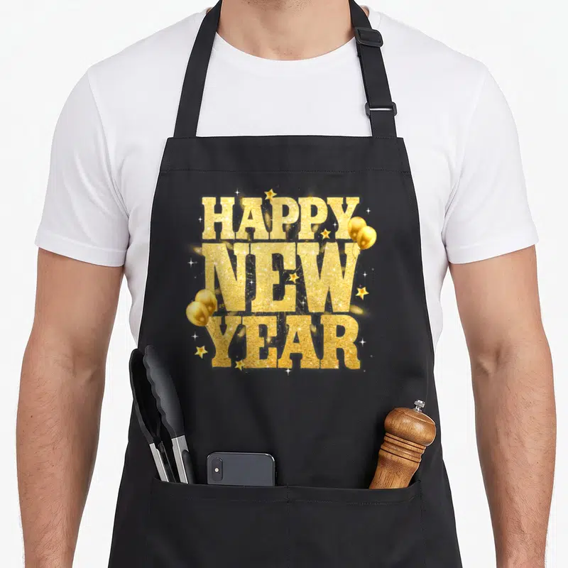 Eve family reunion aprons - Gold glitter text reading HAPPY NEW YEAR with balloons and white stars — shown on a black cotton canvas apron against a white background