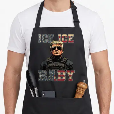 Baby ice apron - Realistic portrait wearing a vest labeled T-DOG 47 between ICE ICE and BABY text — shown on a black cotton canvas apron against a white background