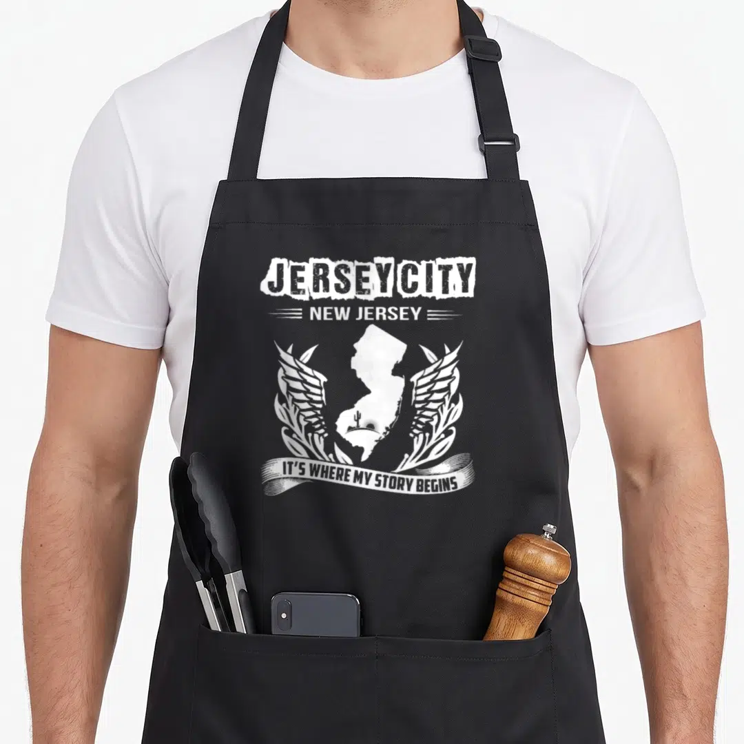 Jersey story of the apron - White distressed NJ map with wings cactus sun and text Jersey City New Jersey Its Where My — shown on a black cotton canvas apron against a white background