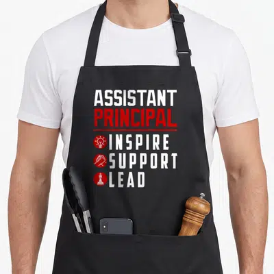 Inspire principal apron - Assistant Principal text with Inspire Support Lead icons and symbols in white and red — shown on a black cotton canvas apron against a white background