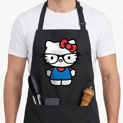 Distressed nerd apron - Cartoon white cat with black glasses, red bow, and blue outfit centered on black fabric — shown on a black cotton canvas apron against a white background