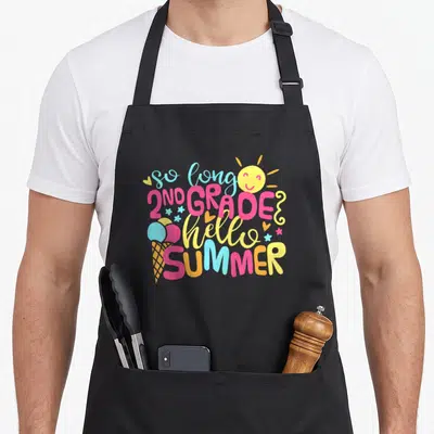 Summer 2nd apron - Stacked colorful text so long 2nd grade hello summer with sun and ice cream cone — shown on a black cotton canvas apron against a white background