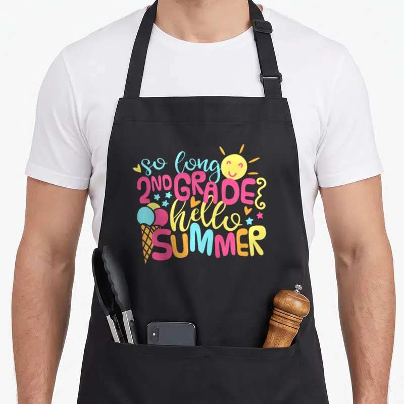 Summer 2nd apron - Stacked colorful text so long 2nd grade hello summer with sun and ice cream cone — shown on a black cotton canvas apron against a white background