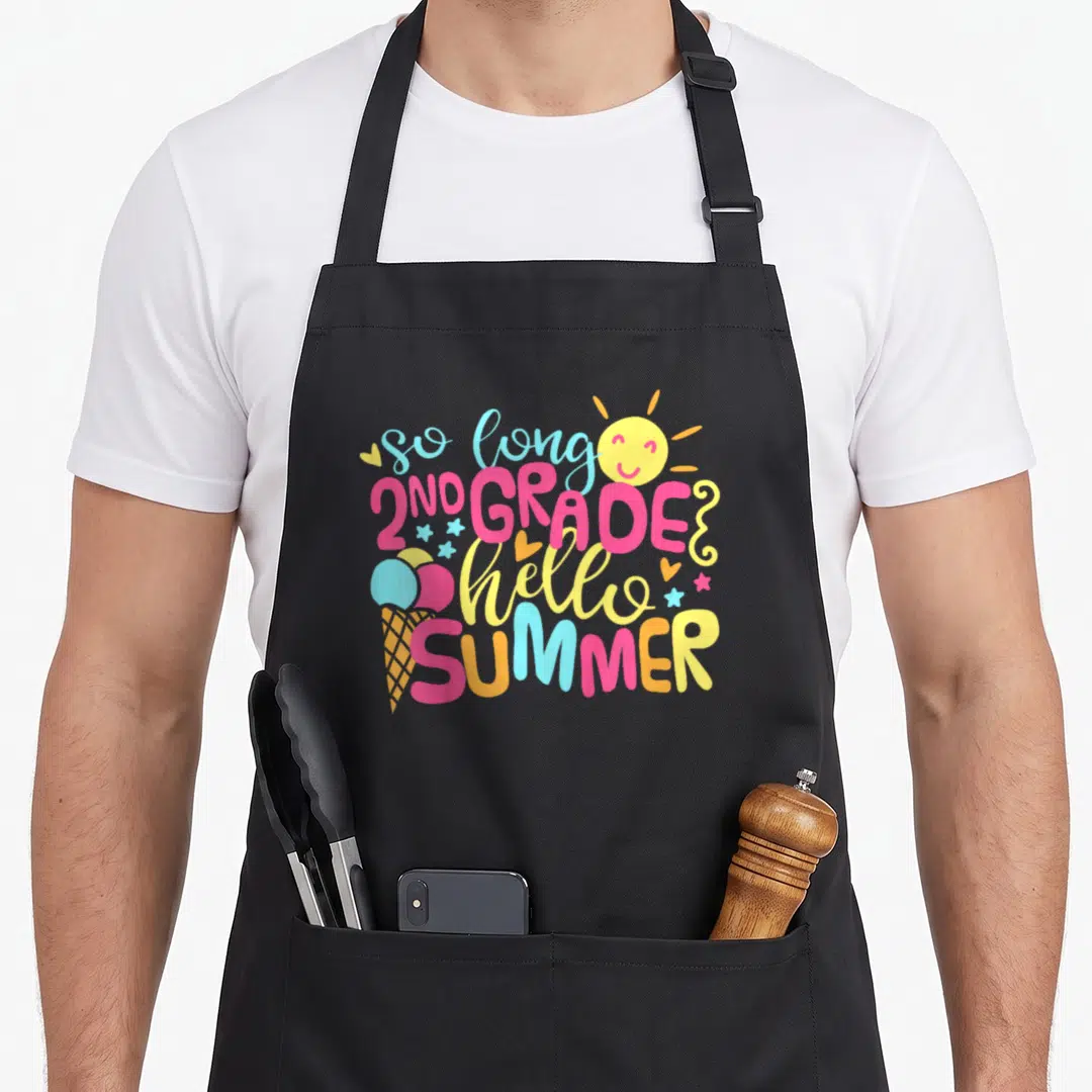 Summer 2nd apron - Stacked colorful text so long 2nd grade hello summer with sun and ice cream cone — shown on a black cotton canvas apron against a white background