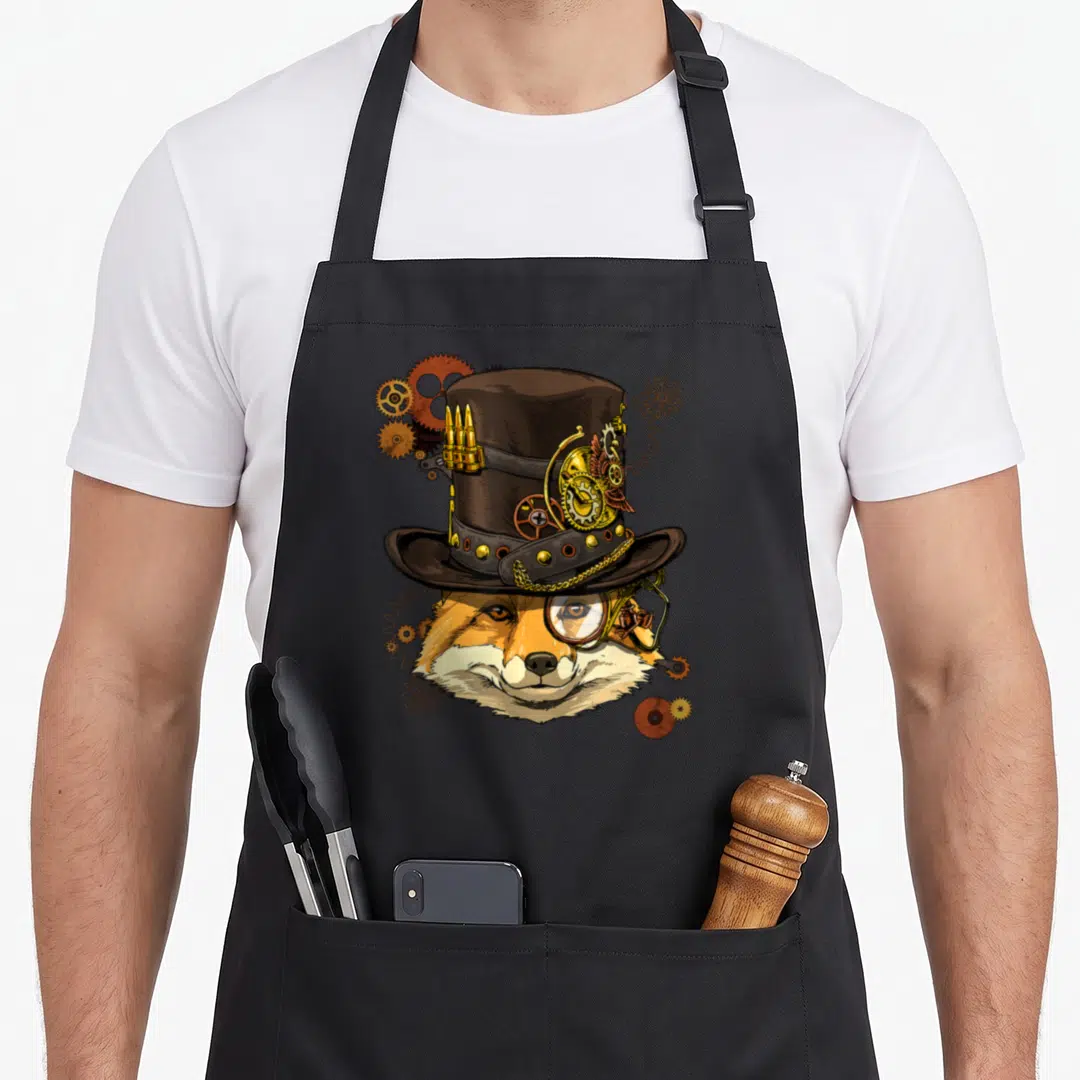 Fox medieval apron - Realistic fox head wearing steampunk top hat and monocle surrounded by bronze gears — shown on a black cotton canvas apron against a white background