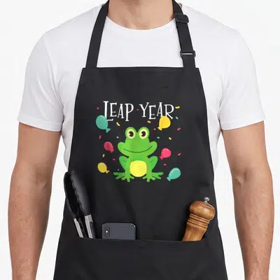 Leap frog aprons - Cartoon green frog with LEAP YEAR text and balloons — shown on a black cotton canvas apron against a white background