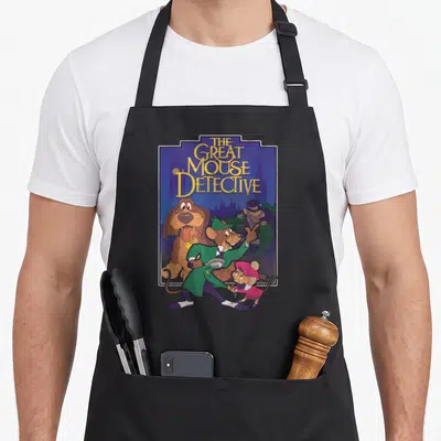 Mouse detective apron - Basil Dawson Olivia Ratigan THE GREAT MOUSE DETECTIVE cartoon group shot — shown on a black cotton canvas apron against a white background