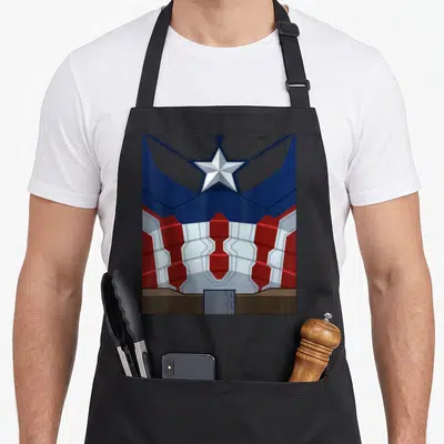 Costume captain apron - Minimalist blue red white and brown superhero chest plate graphic with central star and brown — shown on a black cotton canvas apron against a white background
