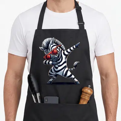 Dabbing sunglass zebra apron - Cartoon zebra in red sunglasses dabbing pose on black apron — shown on a black cotton canvas apron against a white background