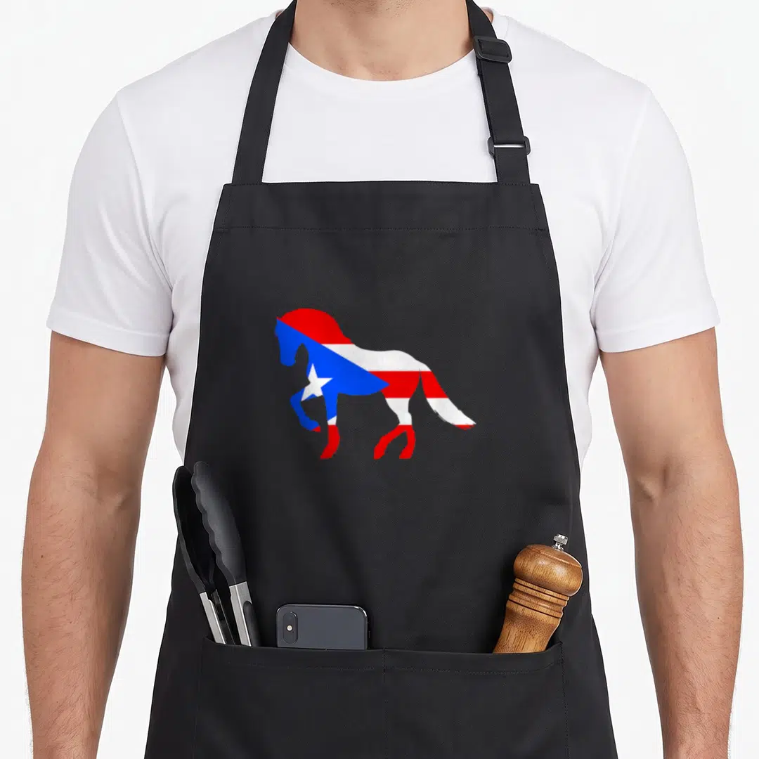 Puerto horse apron - Horse silhouette filled with red white and blue flag pattern — shown on a black cotton canvas apron against a white background
