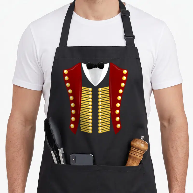 Ringmaster halloween party apron - Red military jacket with gold buttons and black bow tie on black bib apron — shown on a black cotton canvas apron against a white background