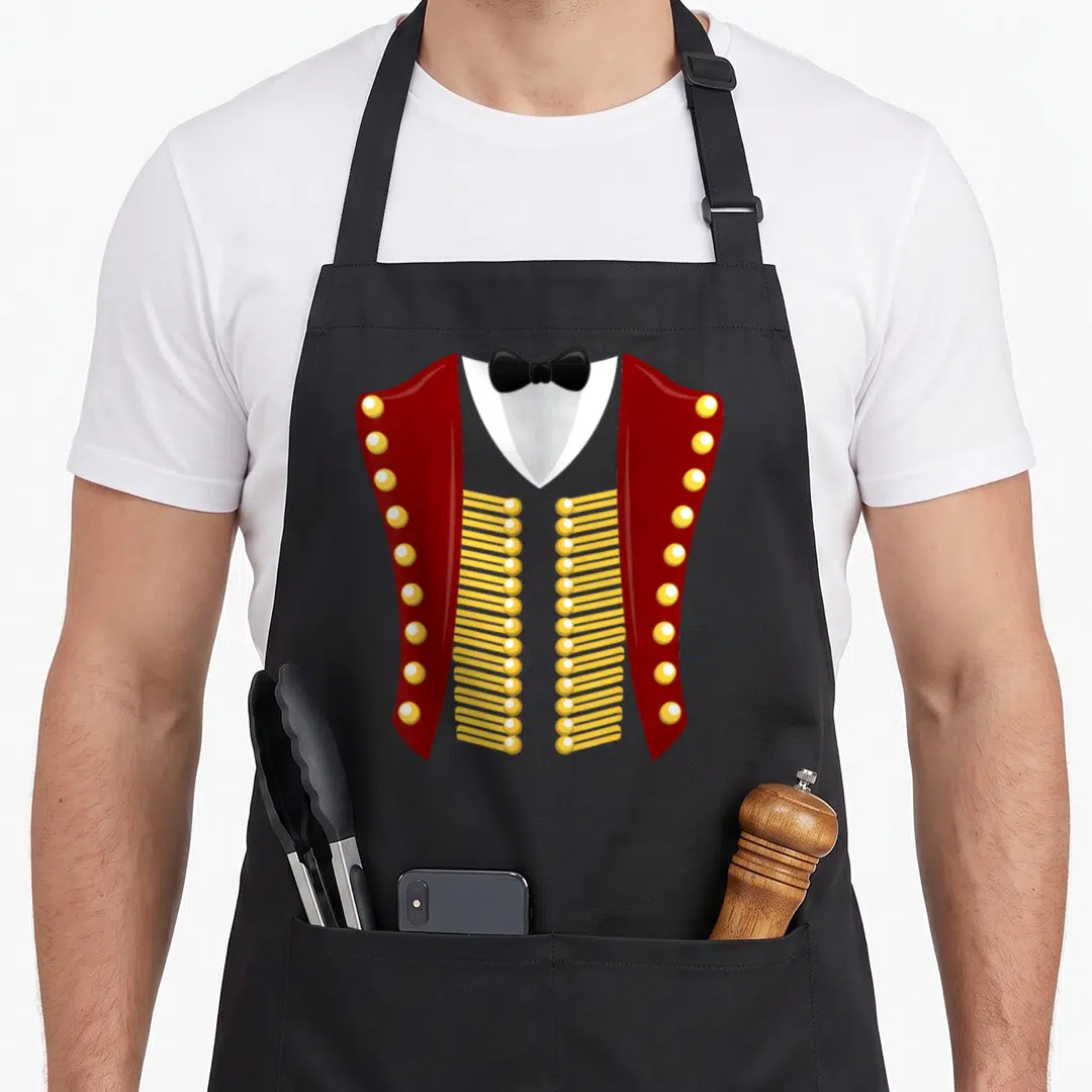 Ringmaster halloween party apron - Red military jacket with gold buttons and black bow tie on black bib apron — shown on a black cotton canvas apron against a white background