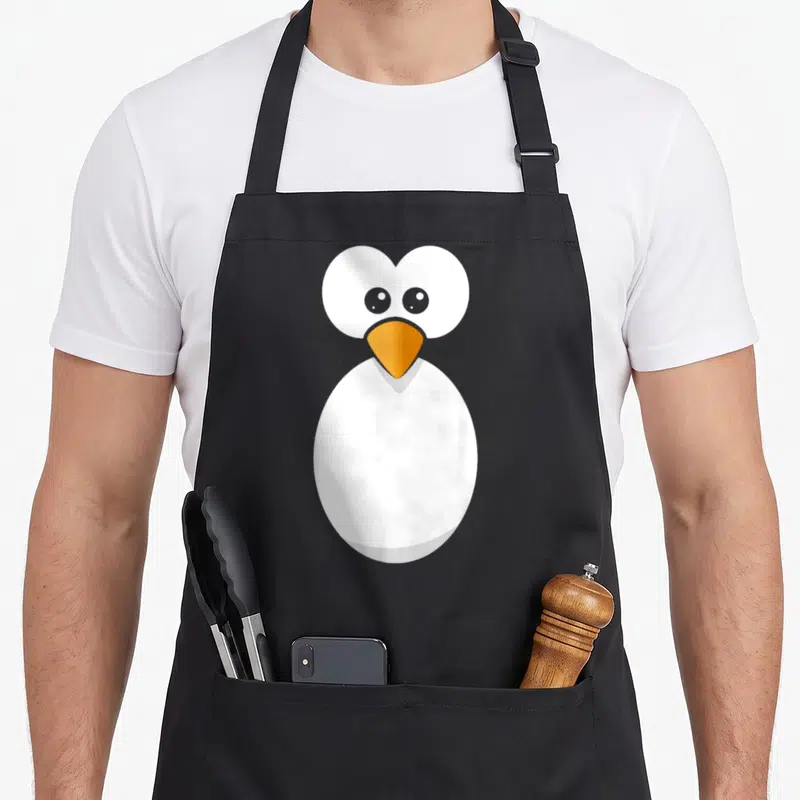 Face penguin aprons - Stylized white bird with orange beak and heart-shaped head on black background — shown on a black cotton canvas apron against a white background
