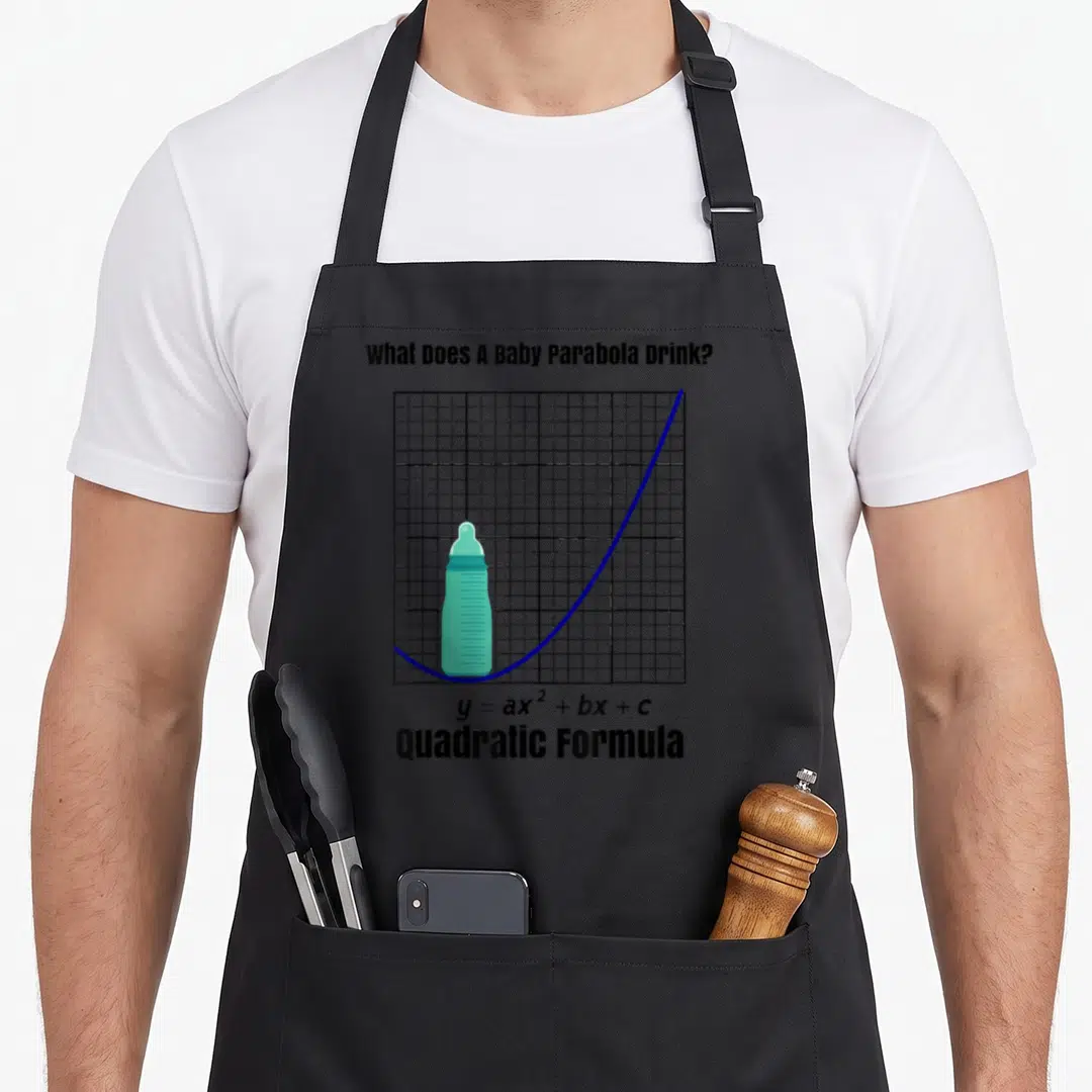 Baby math jokes apron - Blue parabola and teal bottle on grid with quadratic formula text — shown on a black cotton canvas apron against a white background