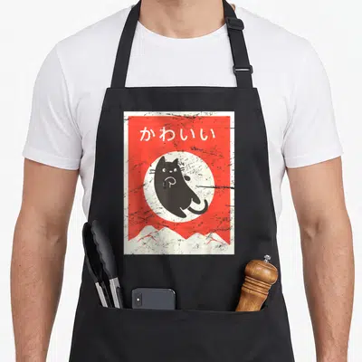 Japanese cat kawaii aprons - Retro dark grey cat in white circle on red background with white Japanese text — shown on a black cotton canvas apron against a white background