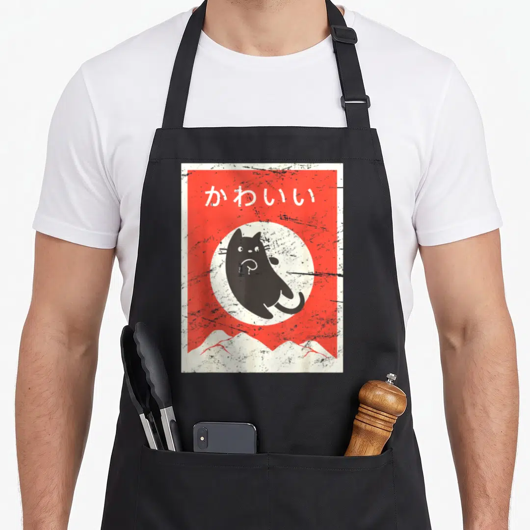 Japanese cat kawaii aprons - Retro dark grey cat in white circle on red background with white Japanese text — shown on a black cotton canvas apron against a white background