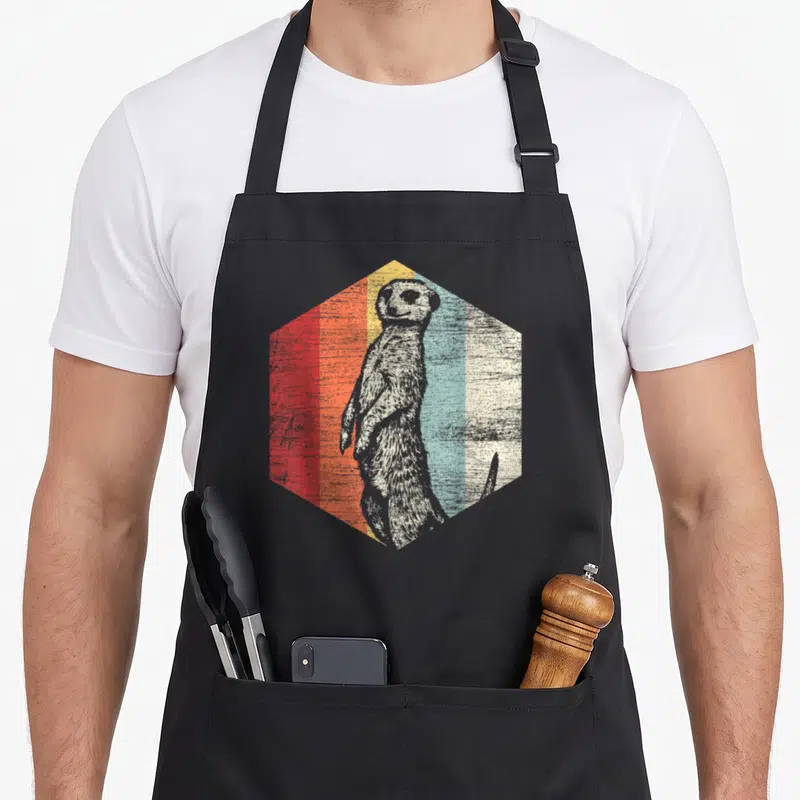 Retro meerkat apron - Grey meerkat inside hexagon with red orange yellow blue cream vertical stripes distressed — shown on a black cotton canvas apron against a white background
