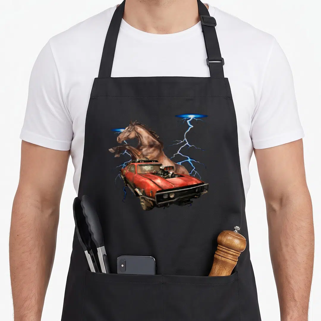 Muscle auto mechanic apron - Rearing brown horse behind red muscle car with blue lightning bolts and energy portals — shown on a black cotton canvas apron against a white background