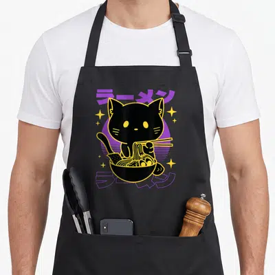 Funny ramen cat apron - Black cartoon cat holding chopsticks eating ramen with purple Japanese text and yellow stars — shown on a black cotton canvas apron against a white background