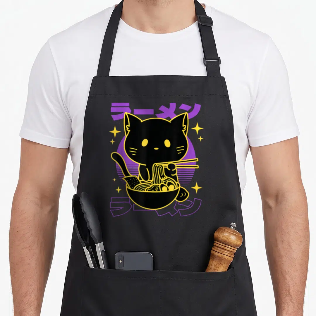 Funny ramen cat apron - Black cartoon cat holding chopsticks eating ramen with purple Japanese text and yellow stars — shown on a black cotton canvas apron against a white background