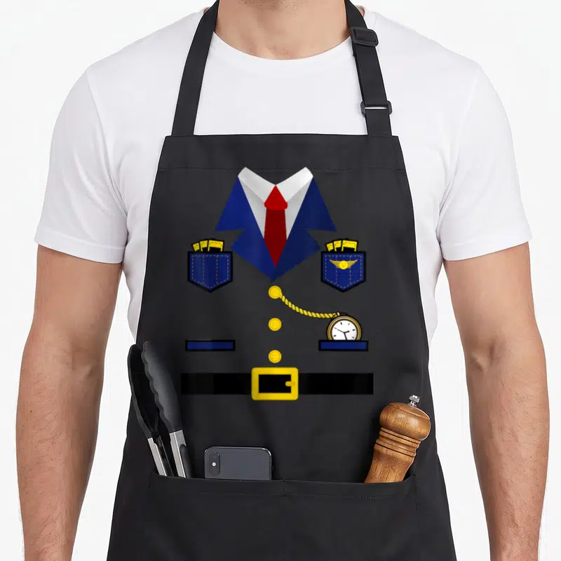 Train halloween apron - Cartoon blue suit jacket with red tie, yellow tickets in pockets, and pocket watch chain — shown on a black cotton canvas apron against a white background
