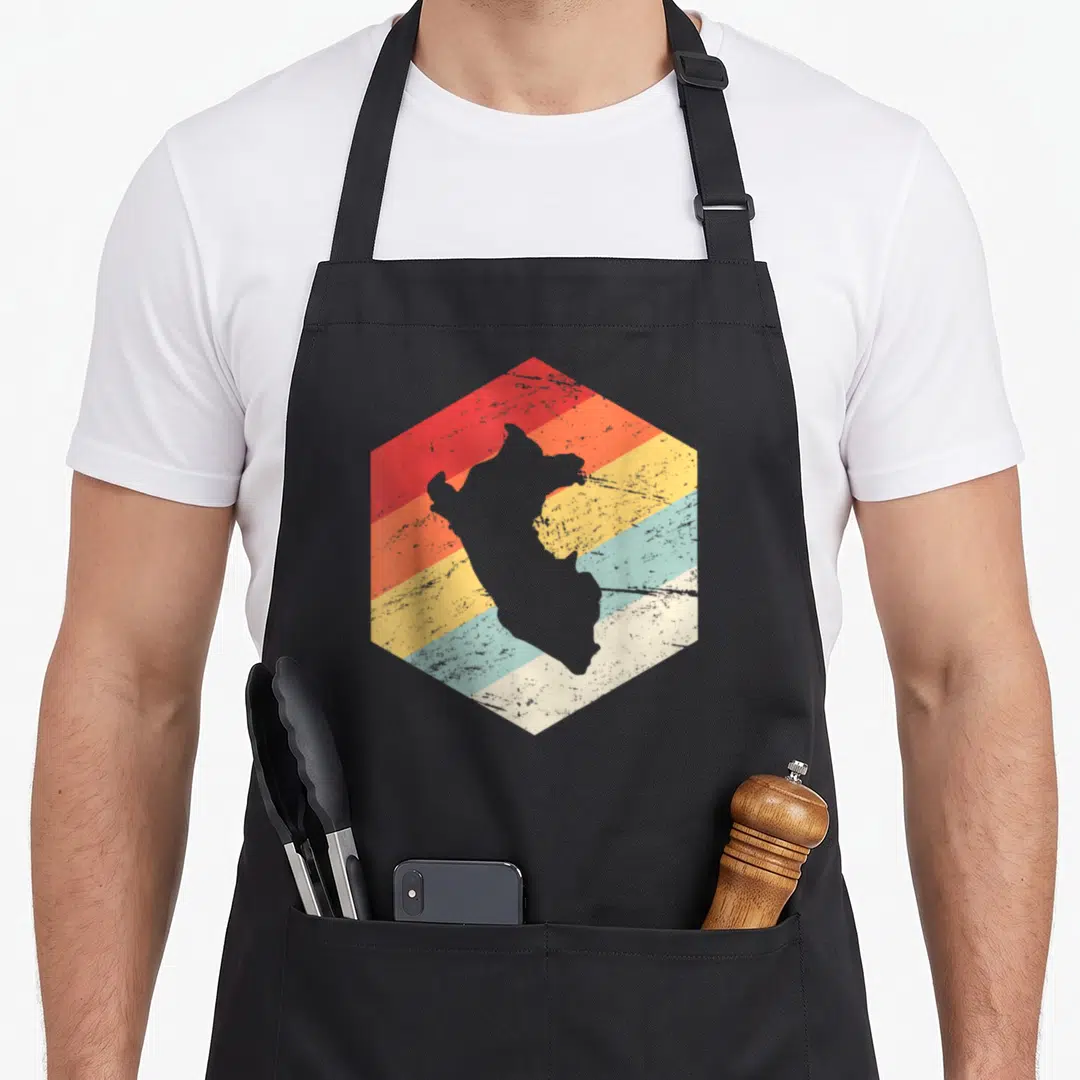 Vacation pride apron - Grey Nicaragua map silhouette over retro red orange yellow light blue striped hexagon — shown on a black cotton canvas apron against a white background