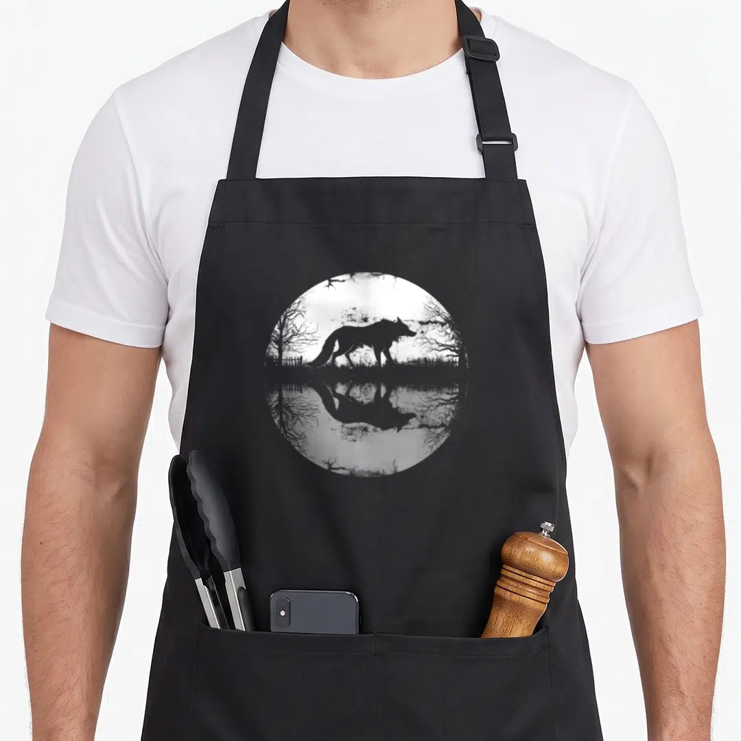 Moon wolf apron - Grey wolf silhouette walking near trees inside a white moon circle with water reflection below — shown on a black cotton canvas apron against a white background
